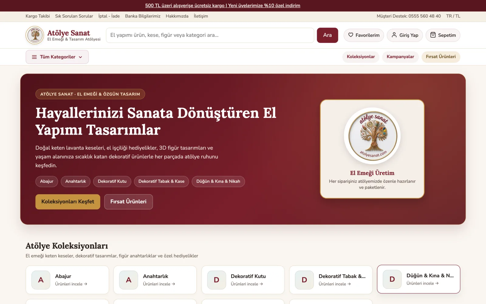 Mytech E-Ticaret Platformu ile yayınlanan atolyesanat.com ana sayfası – vitrin, kampanya şeridi ve koleksiyon kartları