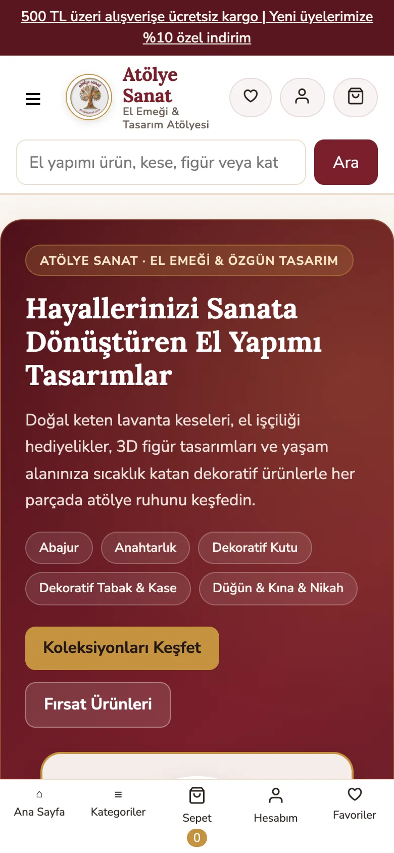 atolyesanat.com mobil görünüm – mobil öncelikli vitrin ve alt gezinme çubuğu