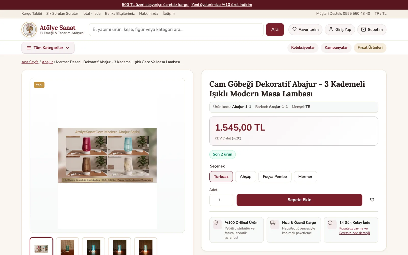 atolyesanat.com ürün detay sayfası – varyant seçimi, fiyat ve sepete ekleme